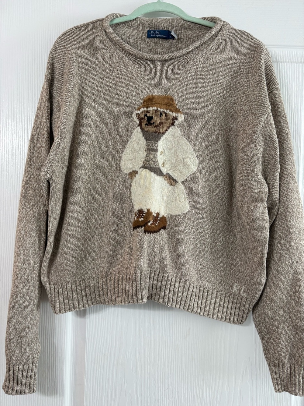 Ralph Lauren Beige Crewneck Sweater with Bear Intarsia